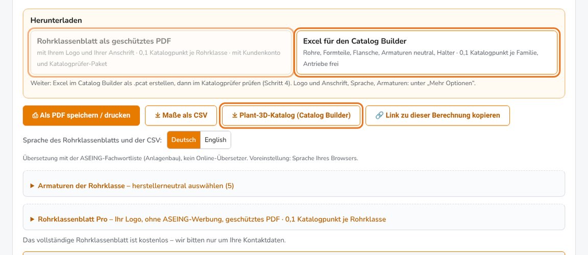 Herunterladen: Rohrklassenblatt als PDF oder Excel für den Catalog Builder