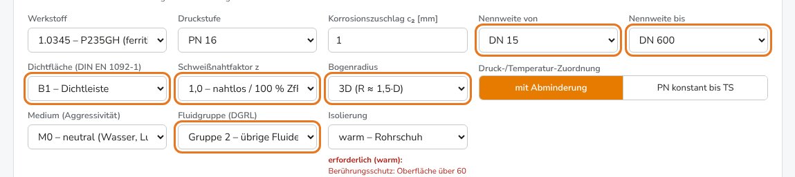 „Mehr Optionen“: Nennweitenbereich, Dichtfläche, Schweißnahtfaktor, Bogenradius, Fluidgruppe u. a.