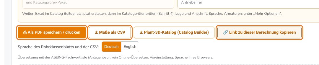 Als PDF speichern / drucken, Maße als CSV, Link zur Berechnung