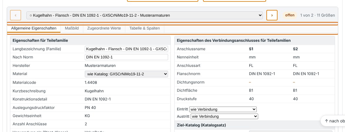 4 · Familien prüfen: Familie mit Registerkarten wie im Spec Editor