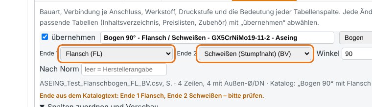 Verbindung je Ende – aus dem Katalogtext: Ende 1 Flansch, Ende 2 Schweißen