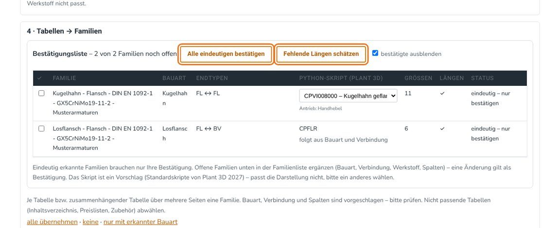 „Alle eindeutigen bestätigen“ und „Fehlende Längen schätzen“
