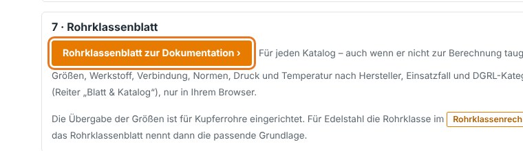 Rohrklassenblatt oder Übergabe an den Rohrklassenrechner