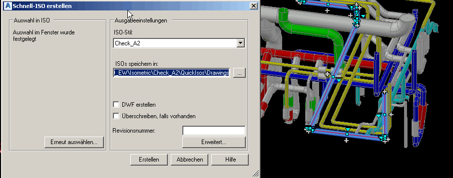 Dialog Schnell-ISO erstellen in Plant 3D neben dem Modell der importierten Leitungen