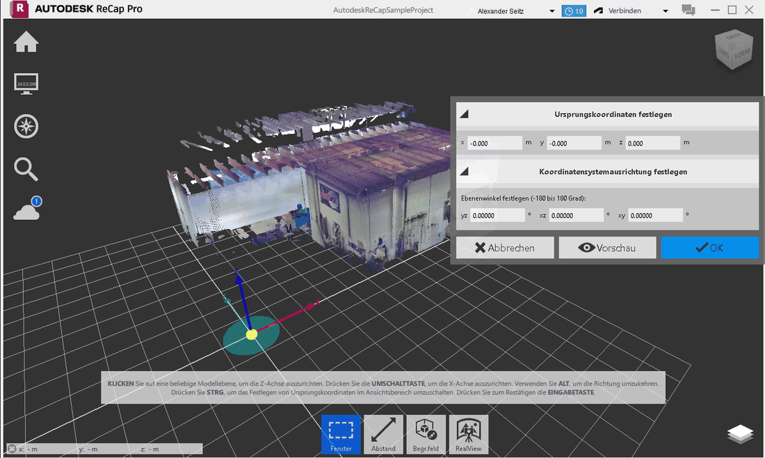 Autodesk ReCap Pro: Ursprungskoordinaten und Koordinatensystemausrichtung einer Punktwolke festlegen